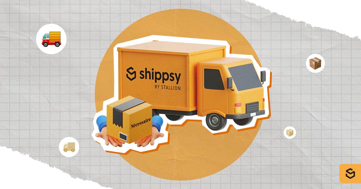 A Shippsy truck and hands holding a Necessaire package