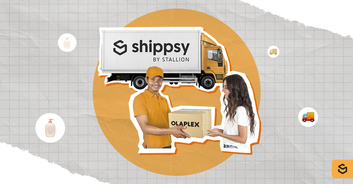 A Shippsy truck and woman receiving an Olaplex package from a deliveryman