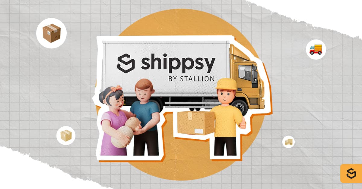 A Shippsy truck, delivery man, and parents with their baby