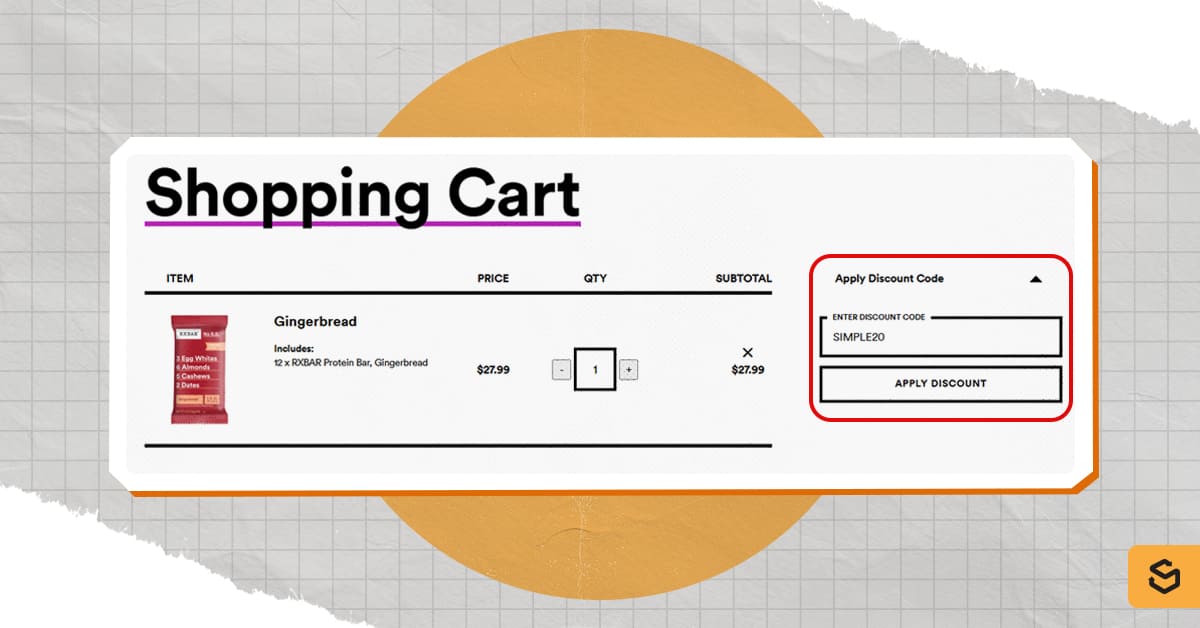 An image of an RXBAR order with discount code at checkout