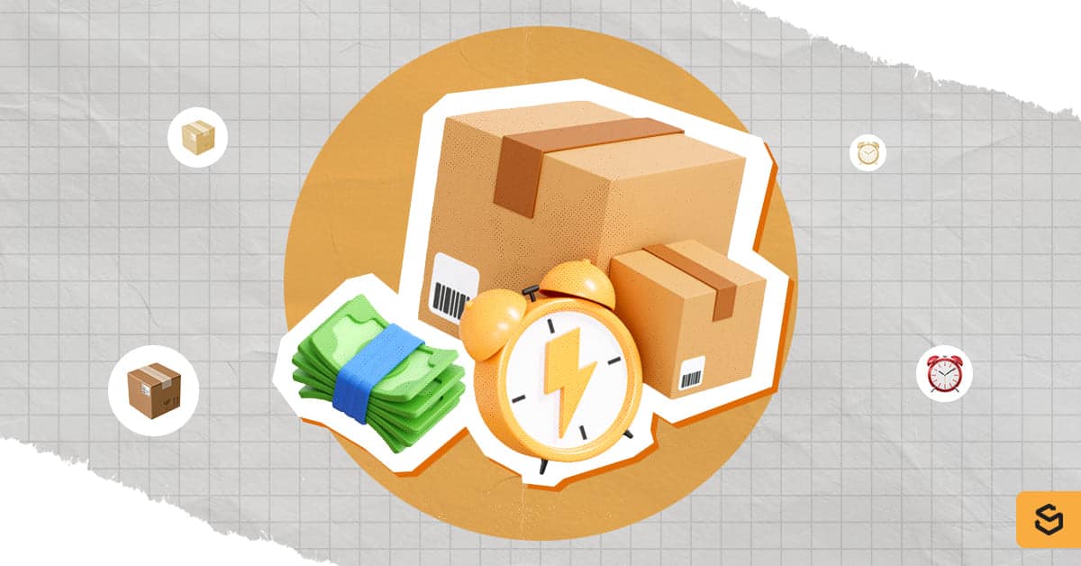 Cash and a clock beside packages