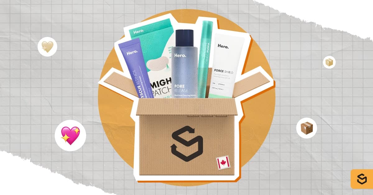 Different Hero Cosmetics products inside a brown box with the Shippsy logo