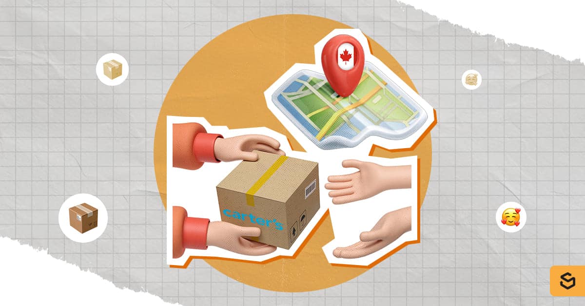 Hands giving and receiving a Carter's package and map with Canada pin