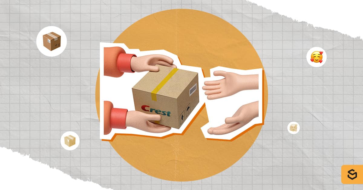 Hands giving and receiving a Crest package