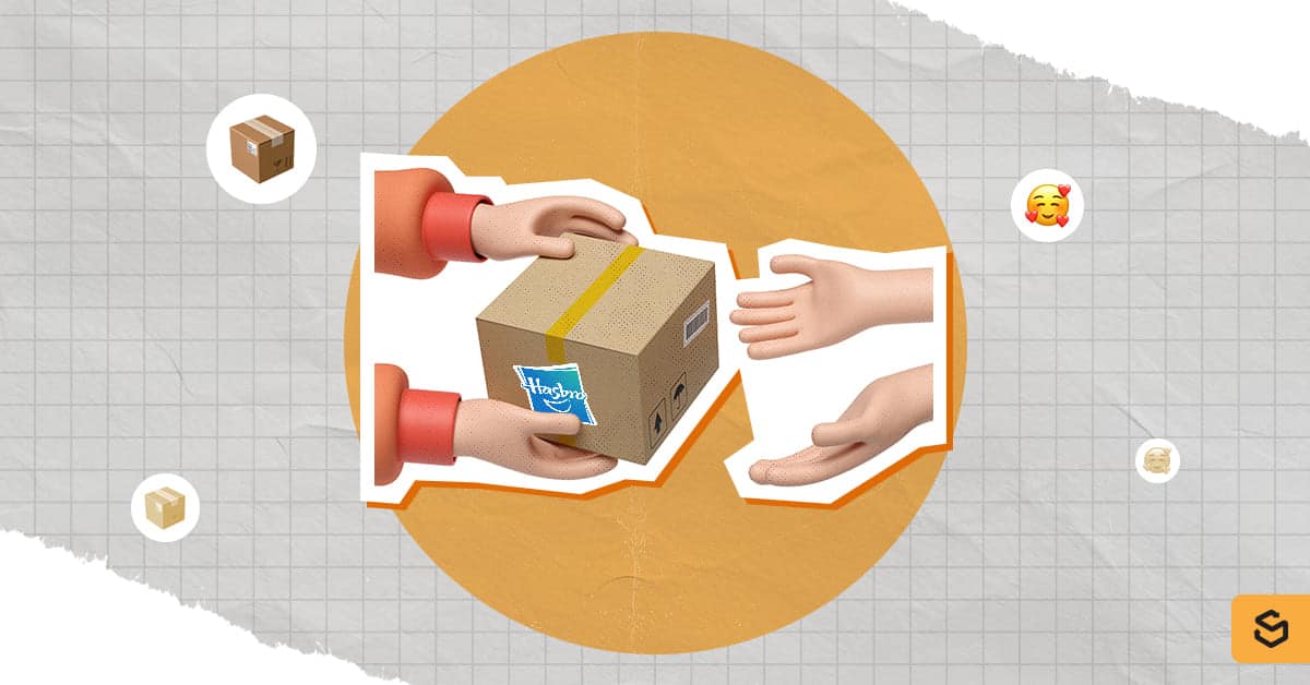 Hands giving and receiving a Hasbro package