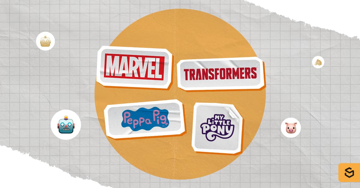 Marvel, Transformers, Peppa Pig, and My Little Pony logos