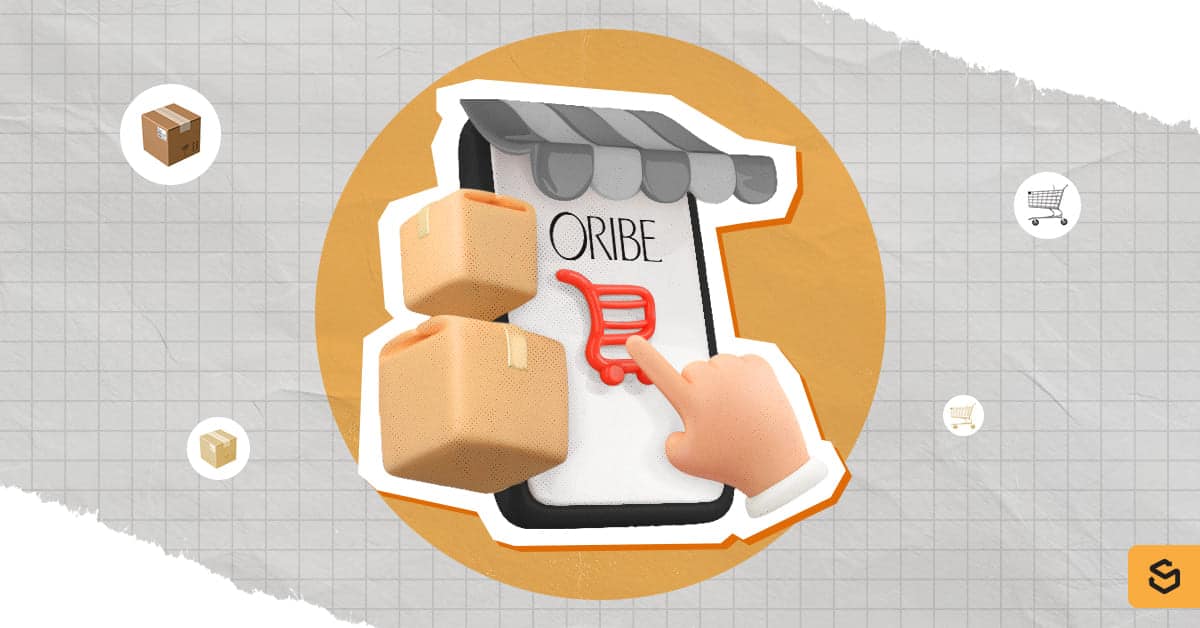 Oribe logo and shopping cart on a phone screen and packages