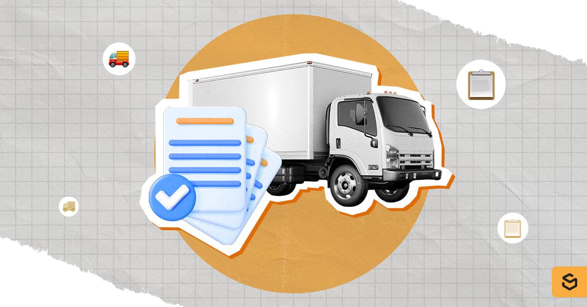 A checklist and a delivery truck behind it