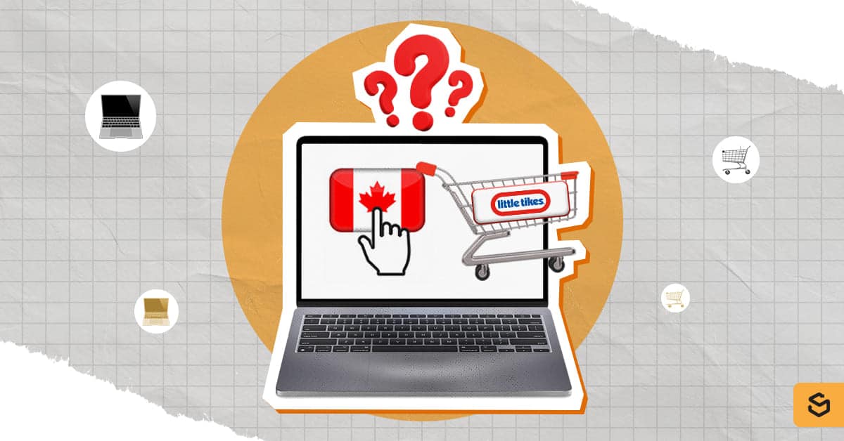 A laptop with a Little Tikes shopping cart and Canada flag and cursor on the screen