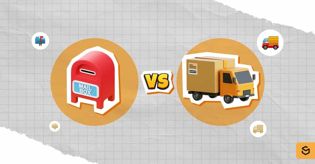 A mailbox and a delivery truck with a VS text between them