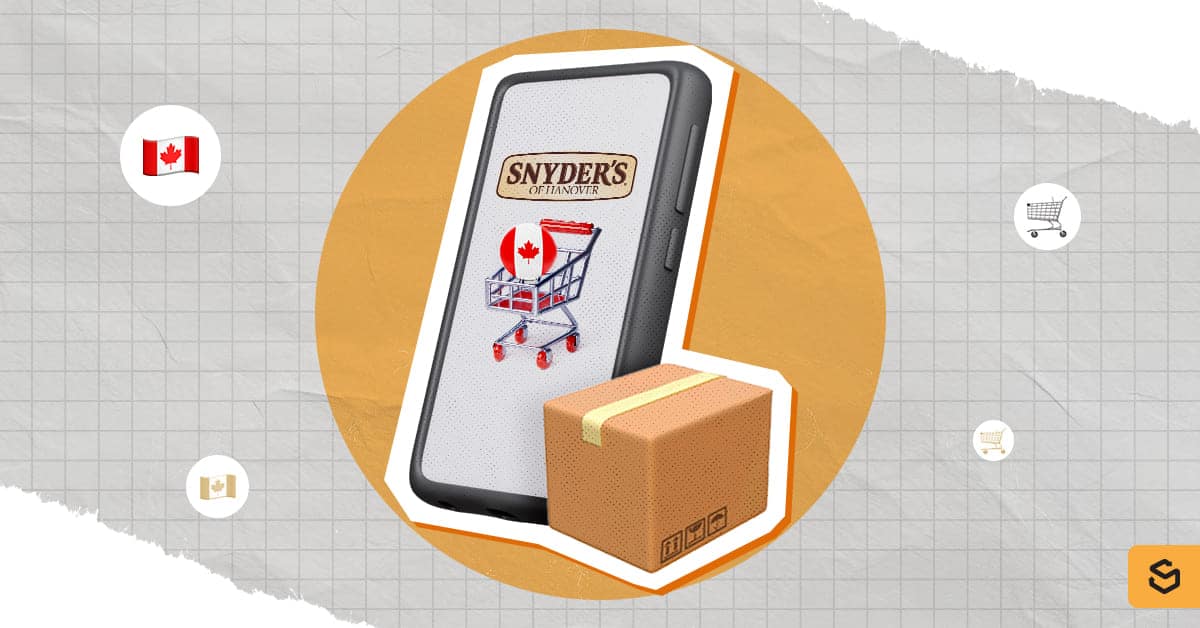 A package and phone with the Snyder's of Hanover logo and shopping cart with the Canada flag