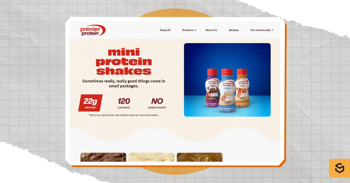 A screenshot of Premier Protein's mini protein shakes service page