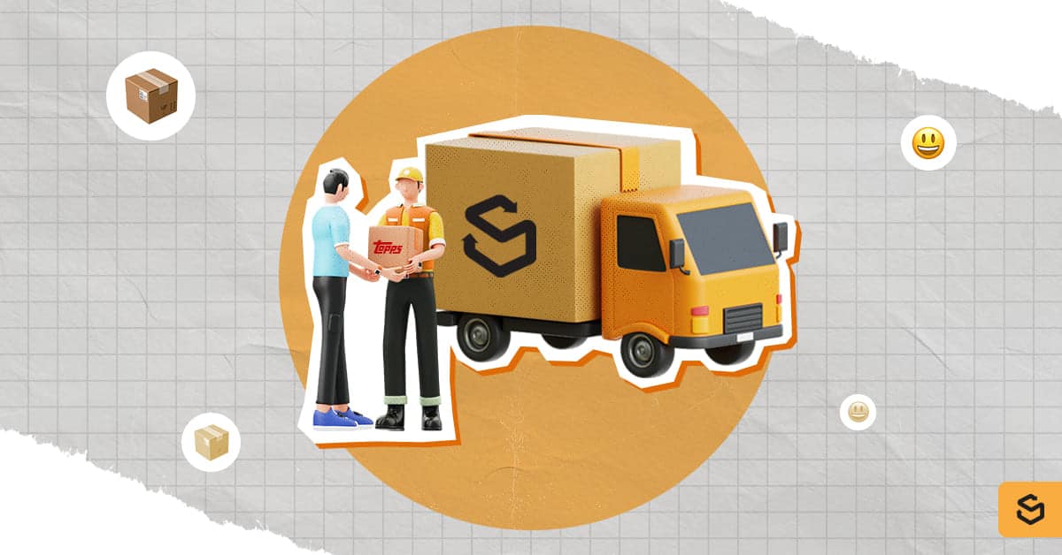 A Shippsy truck and a person receiving a Topps package from a deliveryman