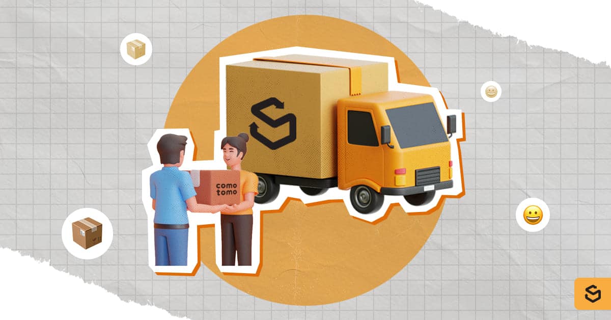 A Shippsy truck and a woman receiving a Comotomo package from a deliveryman
