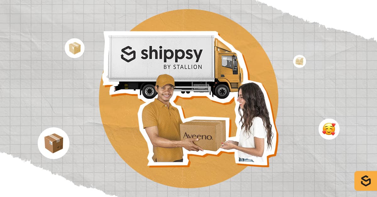 A Shippsy truck and a woman receiving an Aveeno package from a deliveryman