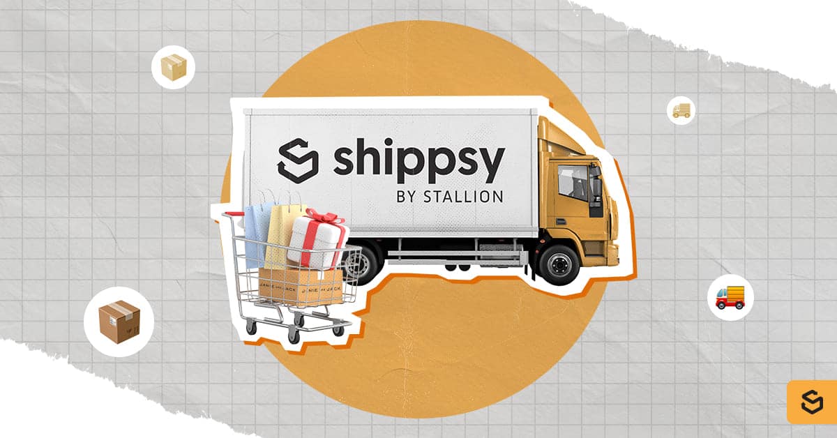 A Shippsy truck and cart with shopping bags, a gift, and Janie and Jack package