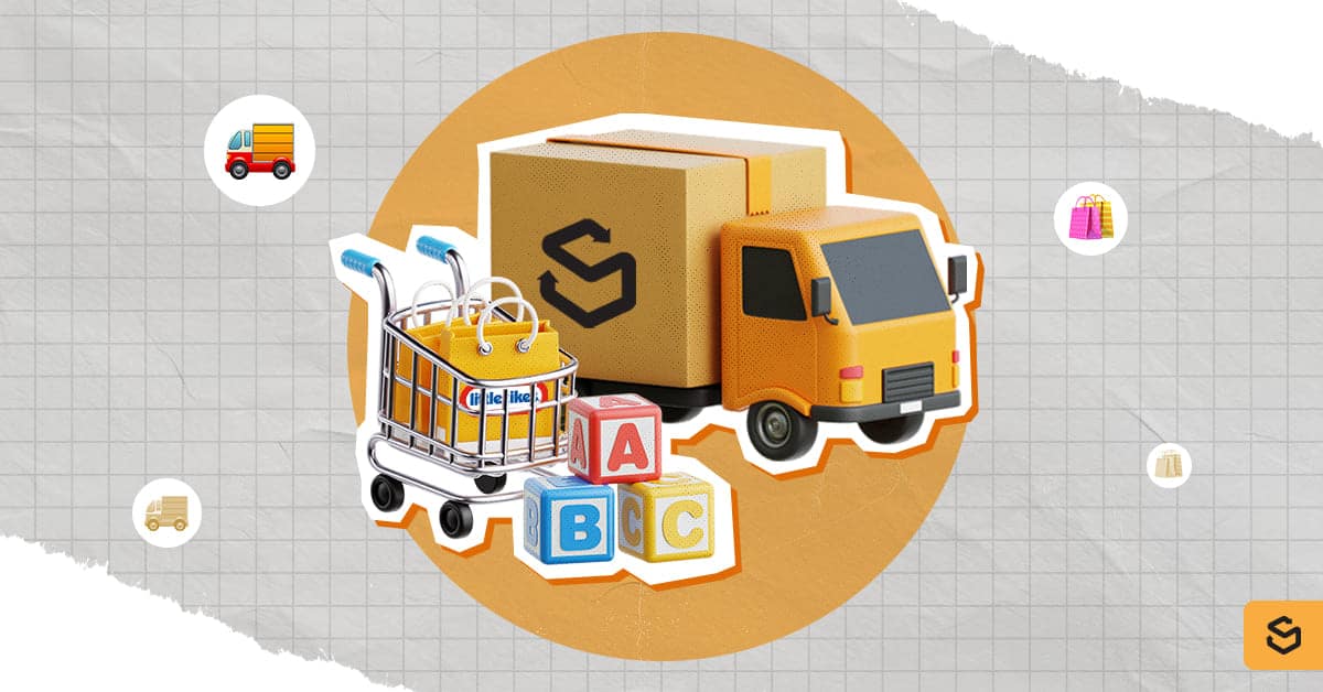 A Shippsy truck, cart with Little Tikes shopping bags, and letter blocks