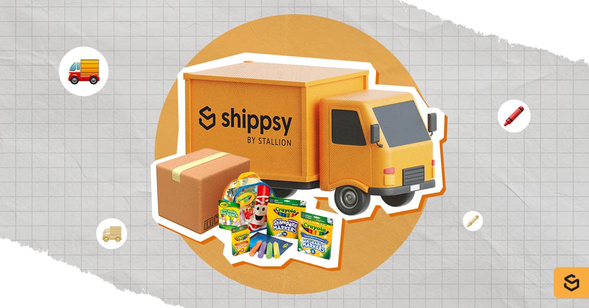 A Shippsy truck, package, and Crayola products
