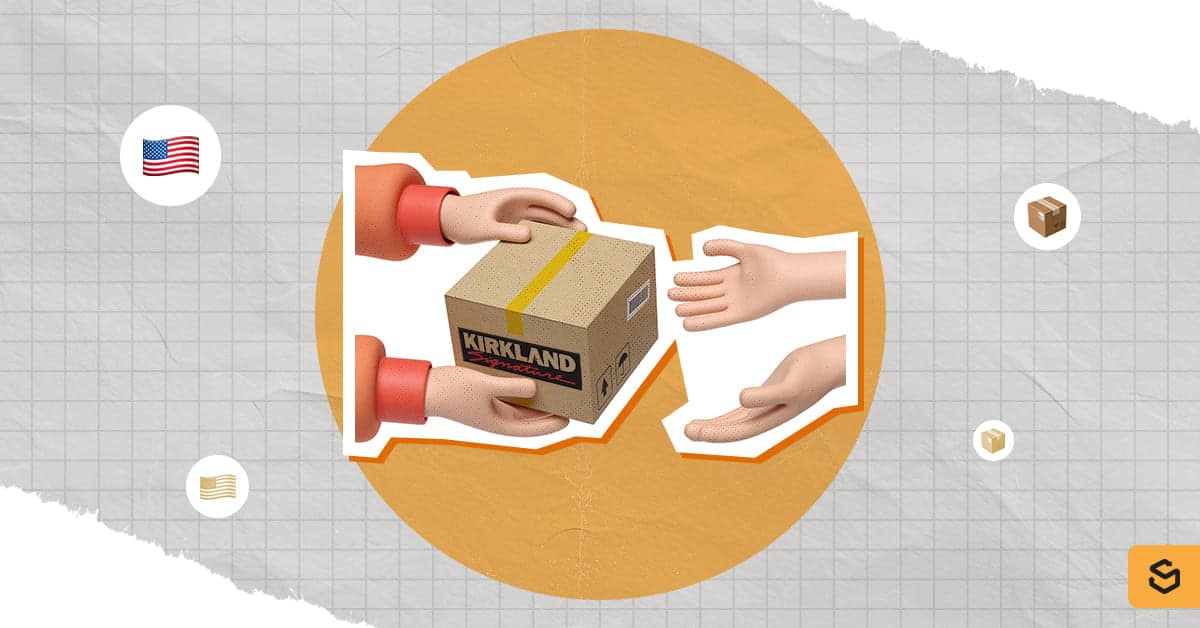 Hands giving and receiving a Kirkland Signature package