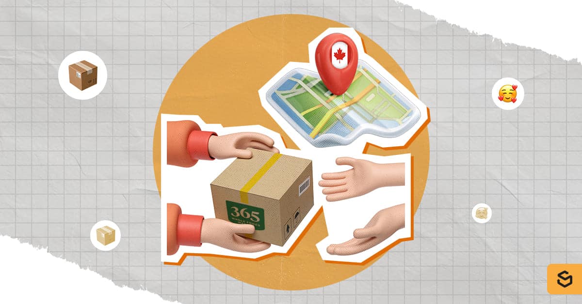 Hands holding and receiving a 365 by Whole Foods Market package and a map with Canada pin