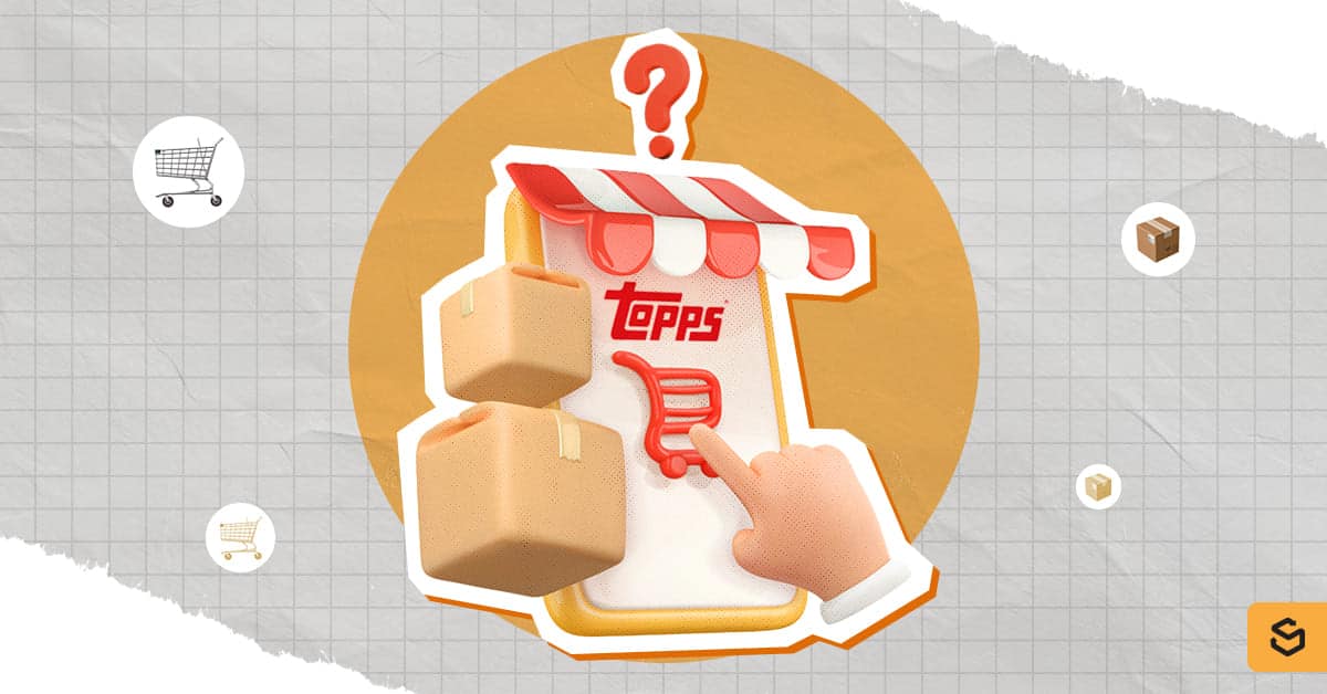 Packages and a phone with a shopping cart and the Topps logo on the screen