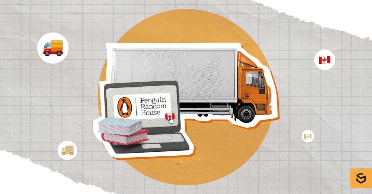 A delivery truck and a laptop with books and the Penguin Random House logo