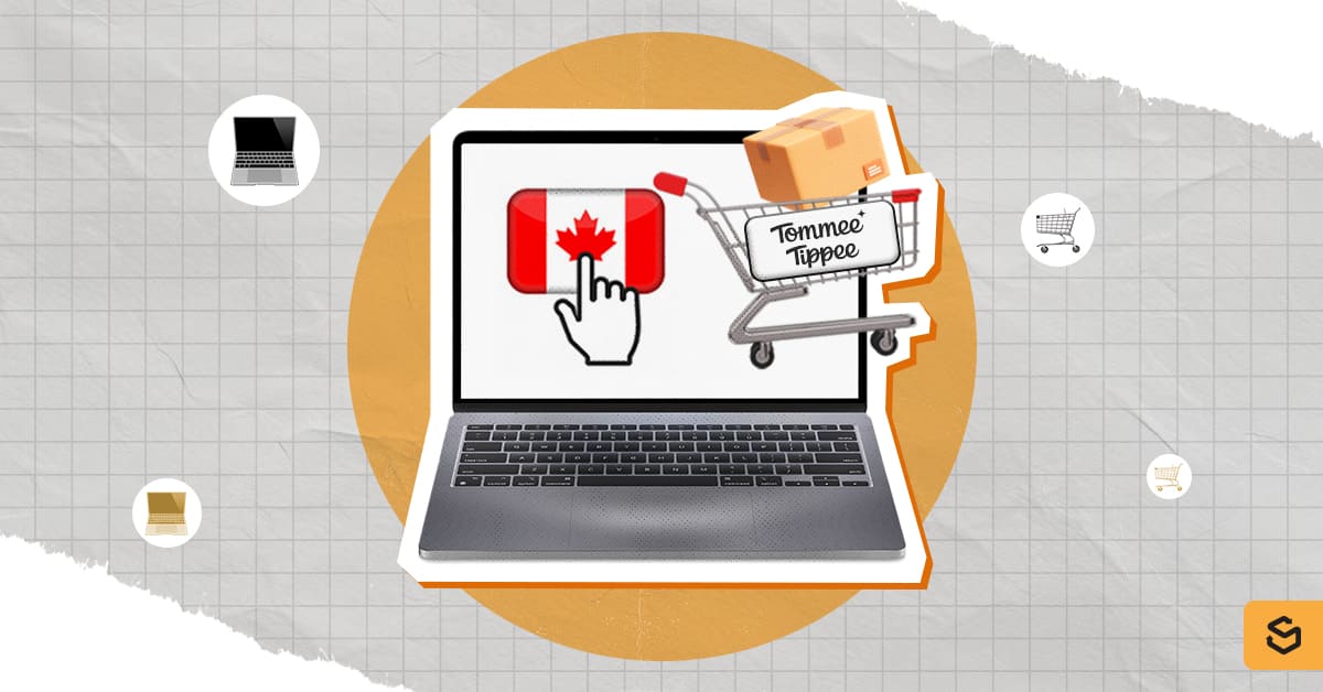 A laptop with Canada flag and cursor, Tommee Tippee shopping cart, and package on the screen