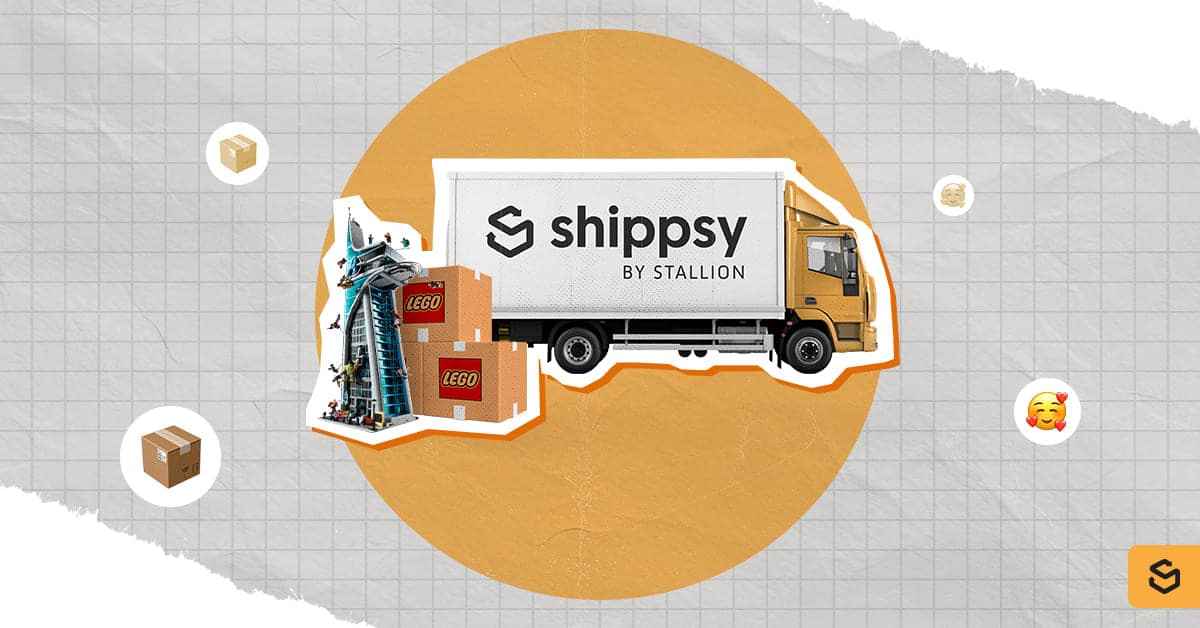 A LEGO product and packages beside a Shippsy truck