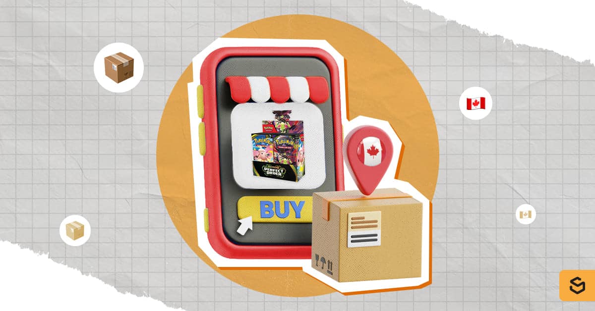 A phone with Pokémon products and a package with Canada pin