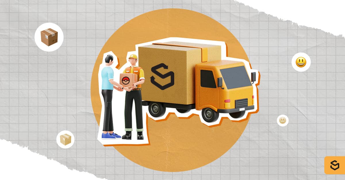 A Shippsy truck and a man receiving a Pokémon package from a deliveryman