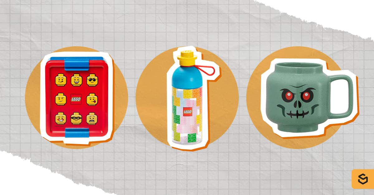 An image of a LEGO lunch box, water bottle, and mug