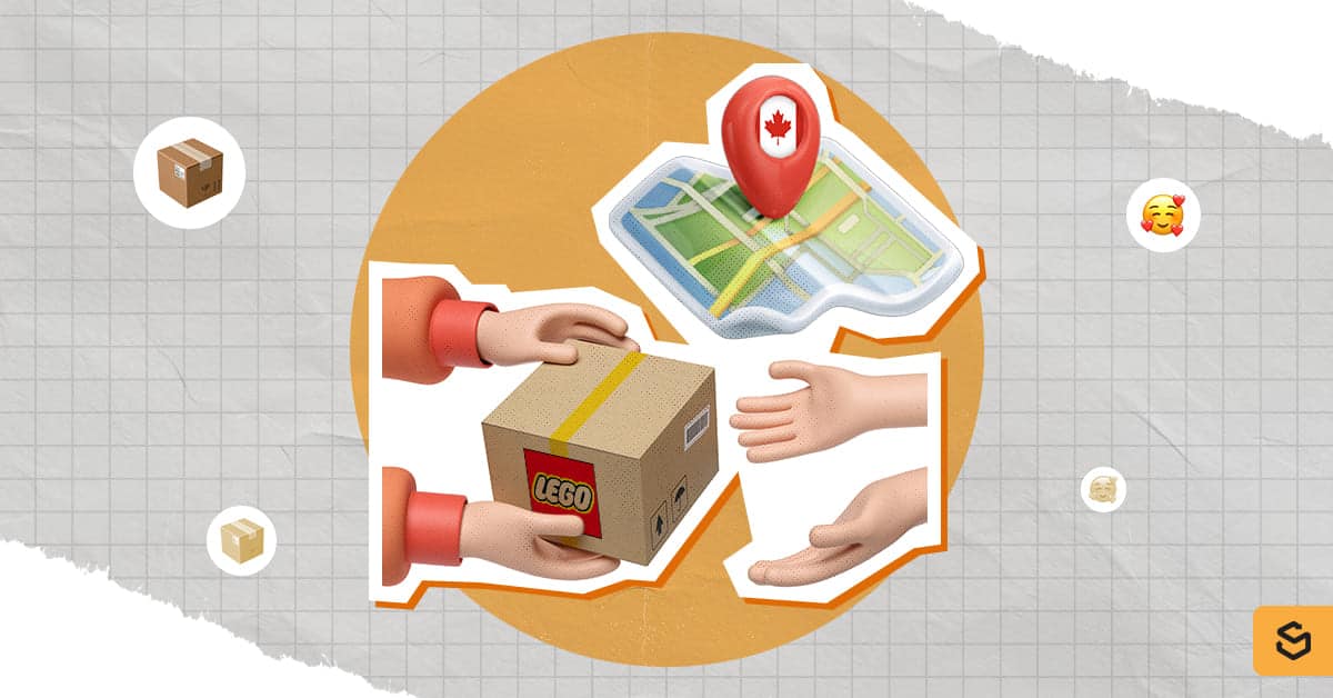 Hands holding a LEGO package and a map with Canada pin