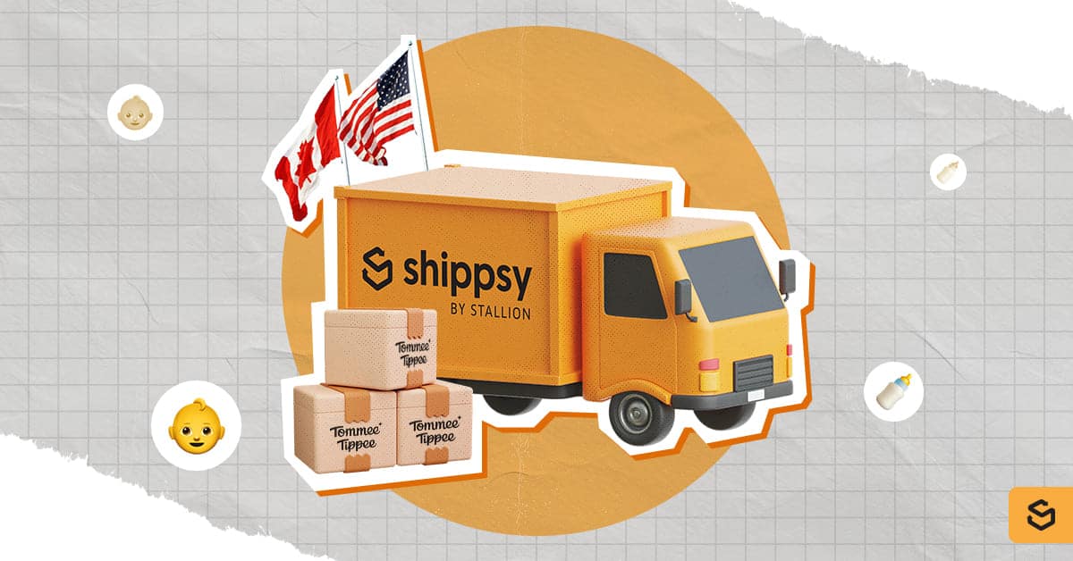 Tommee Tippee packages, a Shippsy truck, and Canada and US flags