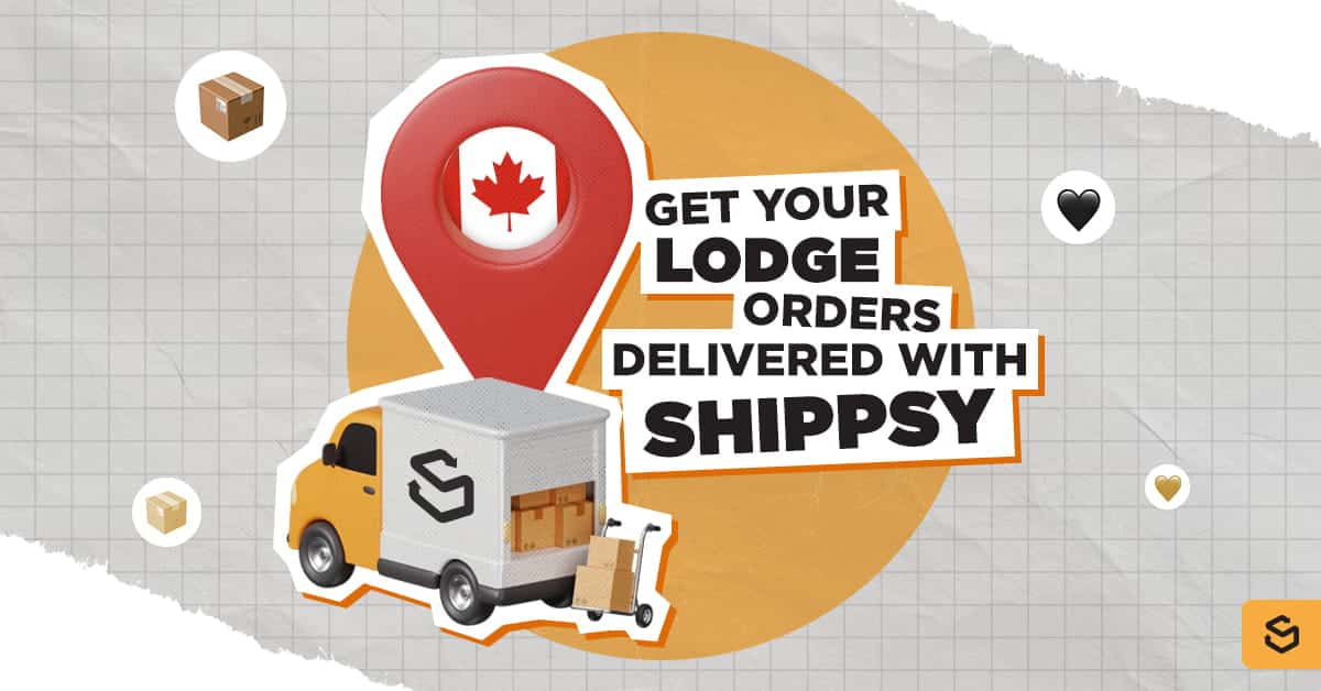 Une camionnette de livraison avec un repère indiquant une localisation au Canada et la mention « FAITES-VOUS LIVRER VOS COMMANDES LODGE AVEC SHIPPSY »