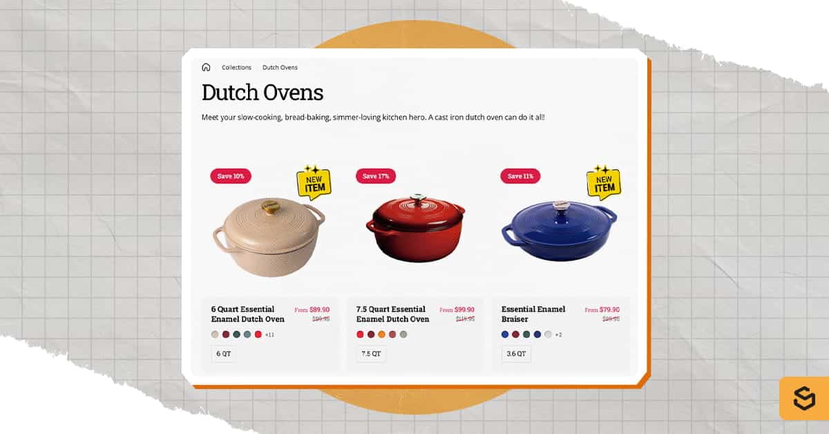 Une capture d'écran de la page produit des cocottes « Lodge Dutch Ovens »