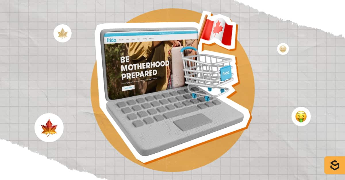 Frida website on laptop screen with Canada flag and shopping cart on the side